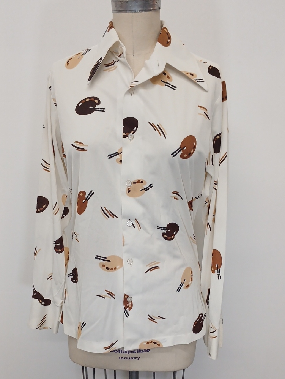 Vintage Cream Button-Up Shirt with Brown & Tan Painters Palette Print / Size M